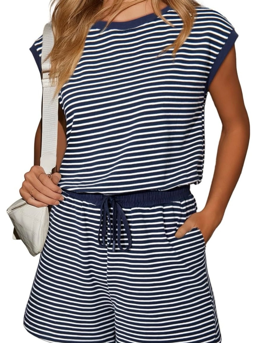 Dokotoo Navy & White Striped Shorts romper